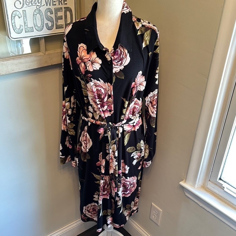 Lularoe Ellie Rose Floral Print Long Sleeve Tie Waist Button Down Midi Dress Nwt
